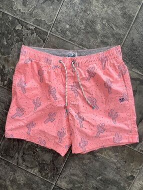PARTY PANTS Pink Fun Cactus Print Drawstring Summer Pool Beach Men’s Swim Shorts